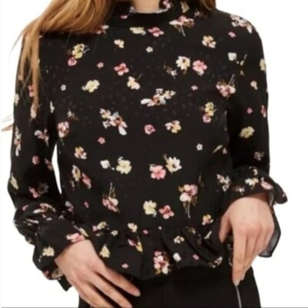 Topshop Black Floral Ruffled Blouse with Mandarin Collar